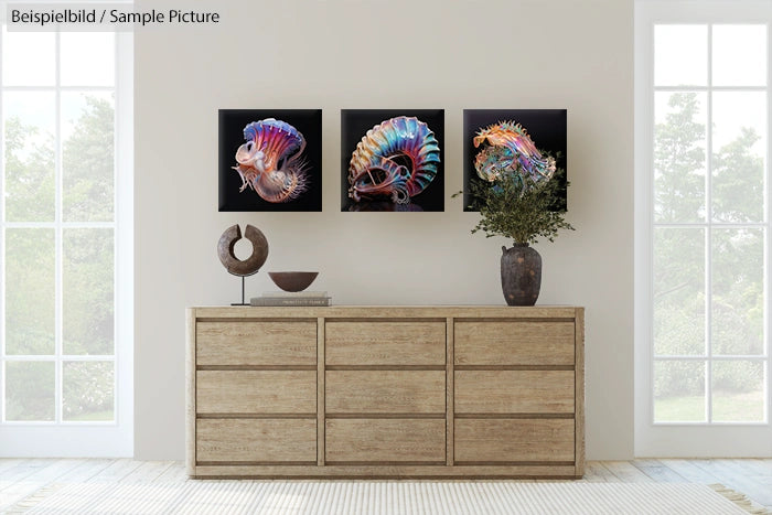 Modern living room with a wooden dresser, abstract colorful shell paintings, and decorative pottery.