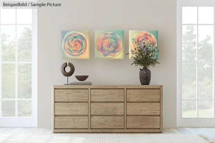 Minimalist room with wooden dresser, abstract art, and vases.