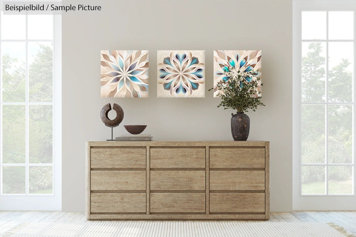 Wooden dresser with decorative items and three floral art panels on wall, flanked by tall windows.