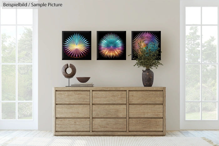 Modern living room with a wooden dresser and three colorful abstract artworks on the wall above it.