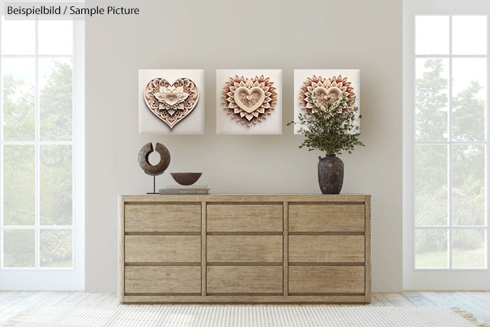 Modern living room with wooden sideboard, abstract heart artwork on wall, and large windows letting in natural light.