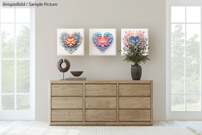 Modern room with wooden dresser, decorative sculpture, vase, and three heart-themed artworks on the wall.