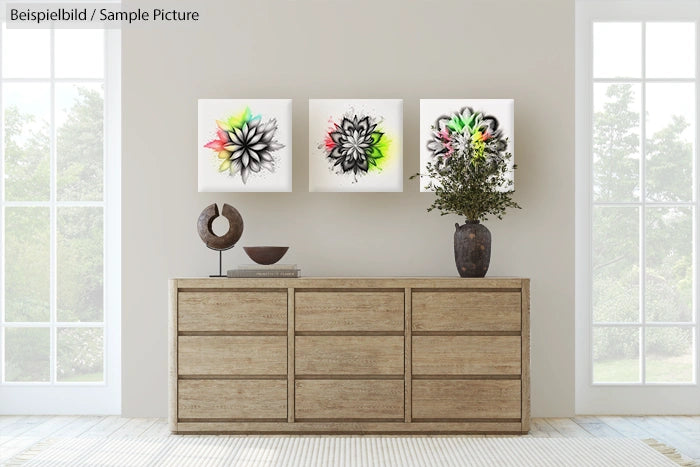 Room with wooden dresser, plant, and abstract flower art on wall by large windows.