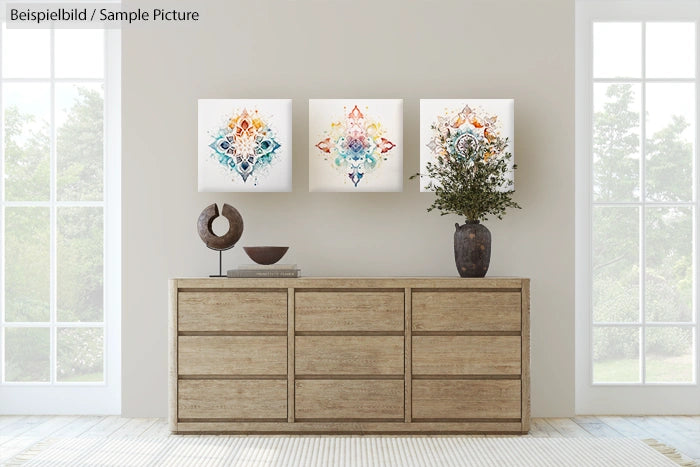 Minimalist room with wooden dresser, abstract art, vase, and sculpture; bright with natural light from large windows.