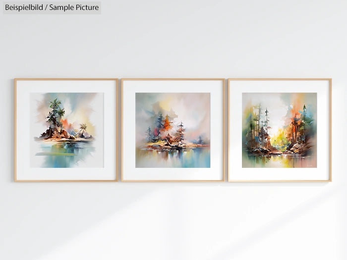 Three framed watercolor landscape paintings on a white wall, depicting serene forest scenes in autumn hues.