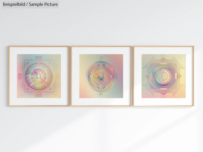 Set of three framed abstract geometric art pieces on a wall, featuring pastel circles and shapes.