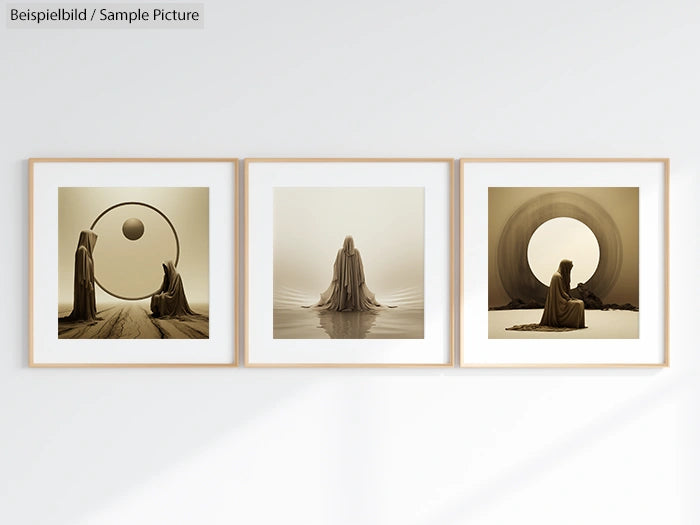 Three framed abstract art pieces with figures in flowing robes, featuring circles and serene poses on a white wall.