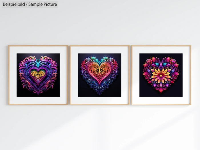 Three colorful heart artworks framed on a wall, featuring intricate designs and vibrant patterns in pink, blue, and orange hues.