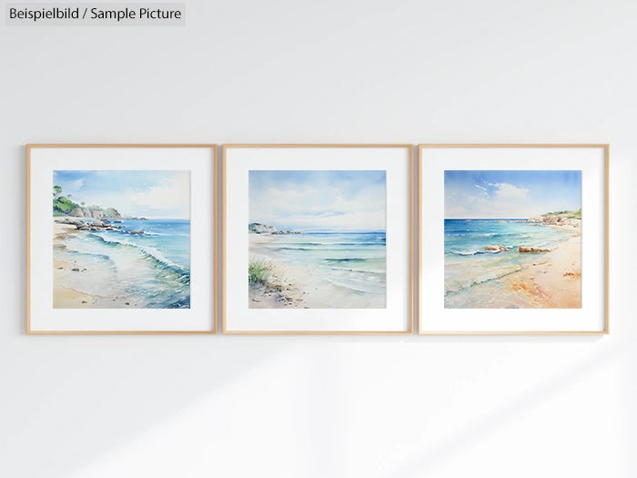 Triptych of watercolor beach landscapes in wooden frames on a light-colored wall.