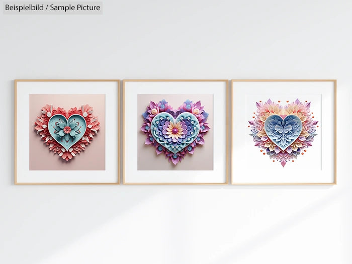 Three framed heart-shaped artwork pieces with floral designs in pastel colors, hung on a white wall.