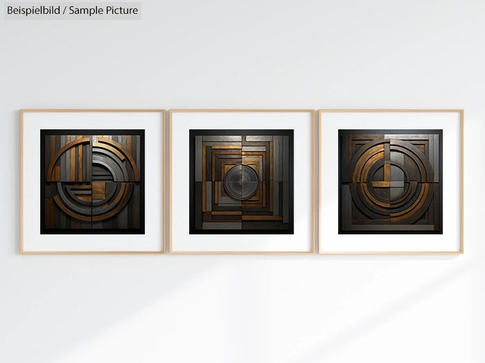 Three framed geometric art pieces with concentric circles and wood textures on a white wall.