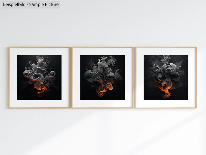 Three framed abstract paintings with swirling black, white, and orange designs.