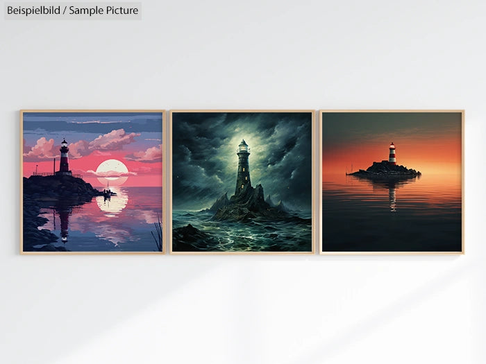 Three framed artworks of lighthouses against scenic skies and seas, displayed side by side on a white wall.