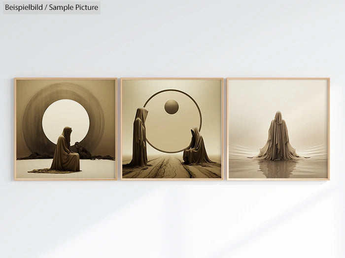 Three surreal sepia-toned framed artworks featuring hooded figures and circular shapes on a minimalist wall.