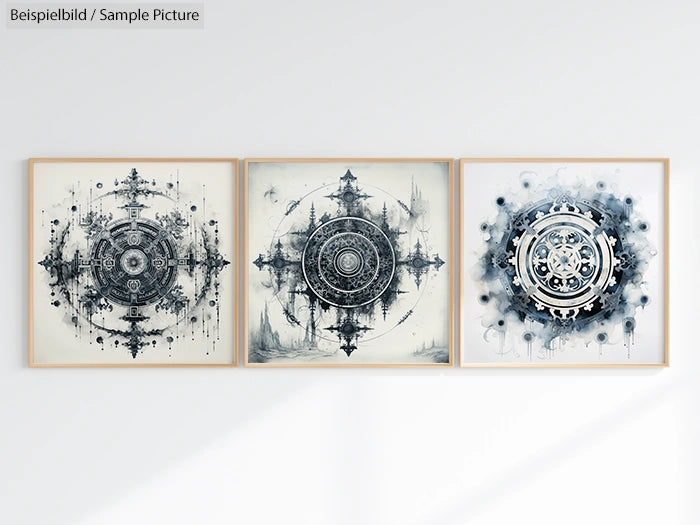 Three framed abstract geometric art pieces with intricate circular designs on a white wall.