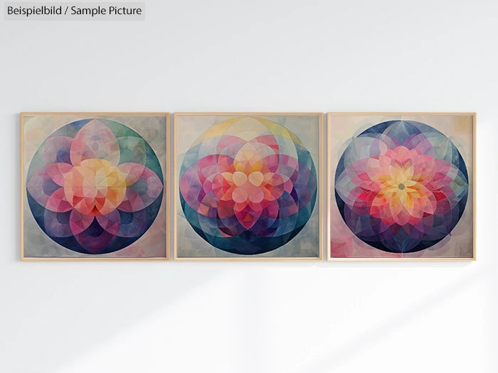 Triptych of abstract floral mandala paintings in pastel colors, each with overlapping geometric shapes.