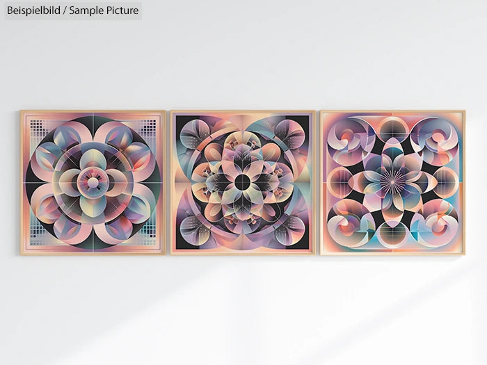 Triptych of abstract geometric art with pastel hues and circular patterns on a light wall.