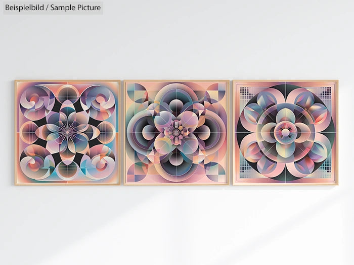 Geometric art trio with overlapping circles and floral shapes in pastel hues framed on a white wall.