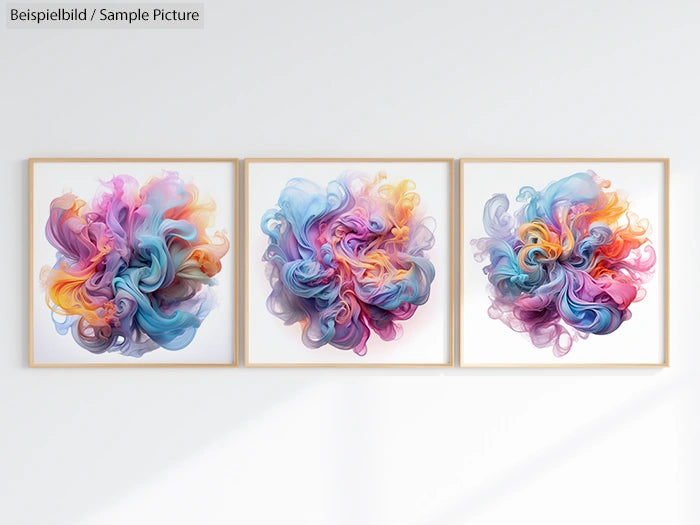 Three framed abstract artworks with vibrant swirls of pink, blue, yellow, and orange on a light wall.