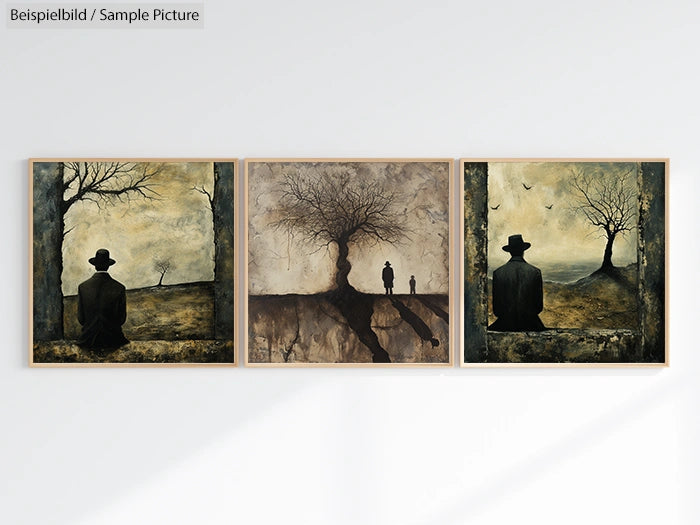 Three-panel art with silhouettes of figures in hats and trees set in an abstract landscape scene.