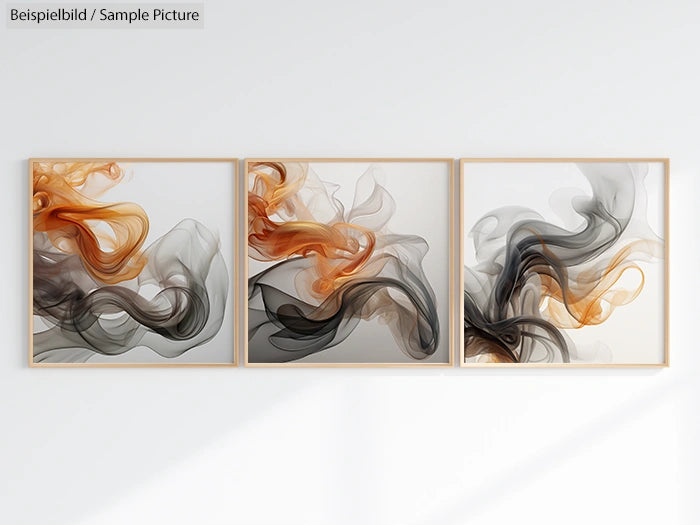 Triptych abstract art with swirling orange, black, and white wisps in wooden frames on a light wall.