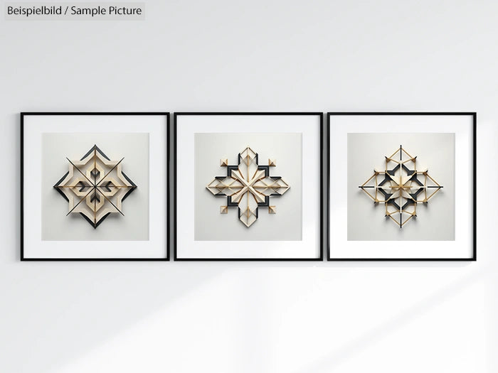 Three framed geometric artworks with intricate patterns on a white wall.