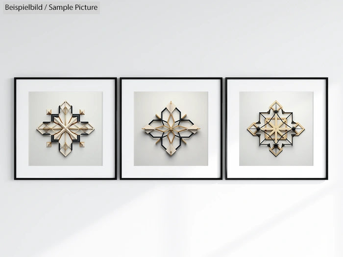 Three framed decorative geometrical wall art pieces on a light-colored background.