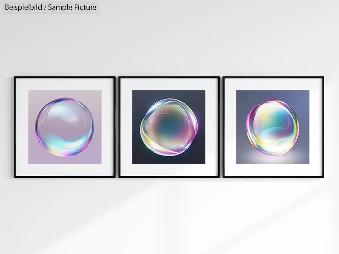 Three framed abstract bubble artworks with iridescent colors on a white wall.