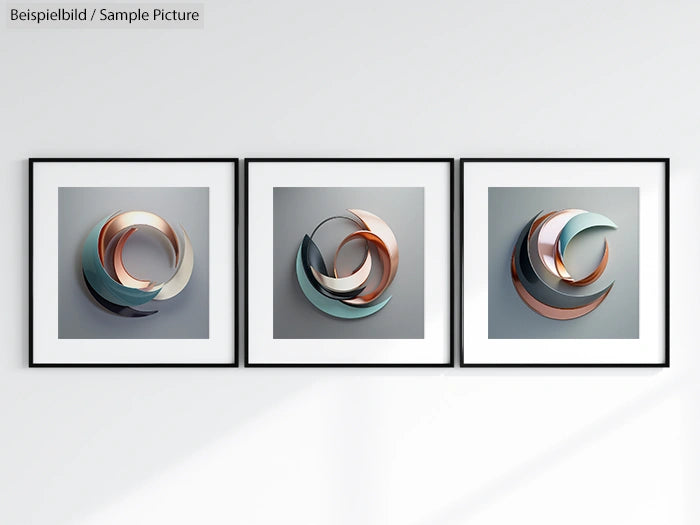 Three framed abstract artworks with circular, layered shapes in muted colors on a light gray wall.