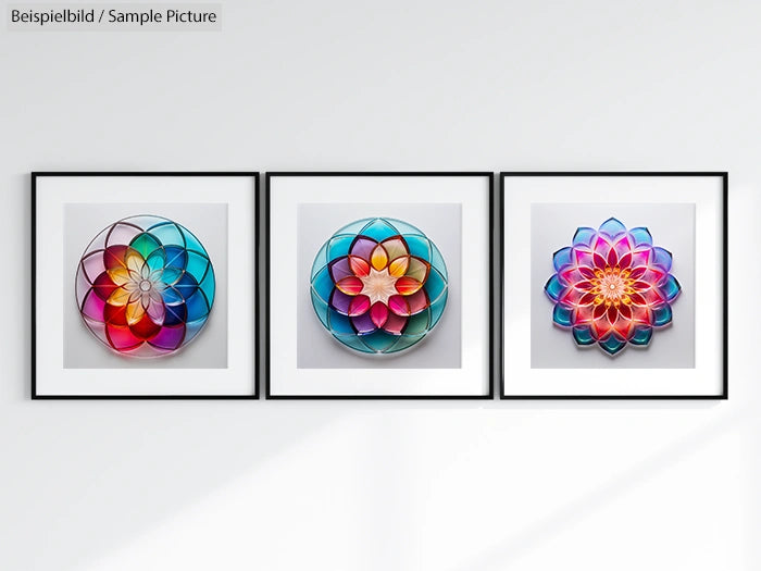 Three framed mandala artworks with vibrant geometric patterns in a gallery setting.