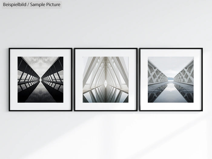 Three framed architectural prints on a white wall, each featuring symmetrical bridge designs in monochrome tones.