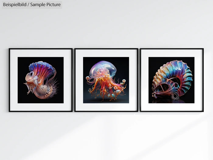 Three framed abstract artworks of vibrant, colorful sea creatures on a white wall.