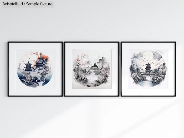 Three framed landscape artworks with pagodas and nature scenes on a wall.