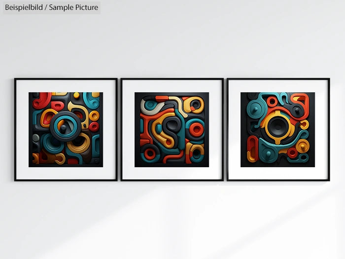 Three framed abstract artworks with bold geometric shapes and vibrant colors on a white wall.