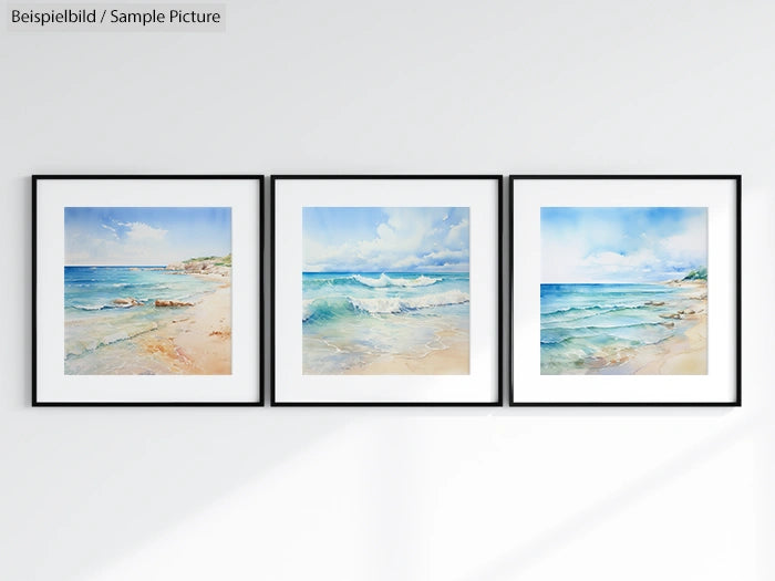 Three framed watercolor paintings of ocean scenes with waves and sandy beaches on a white wall.