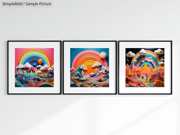 Three framed artworks with vibrant rainbow landscapes and waves on a white wall background.