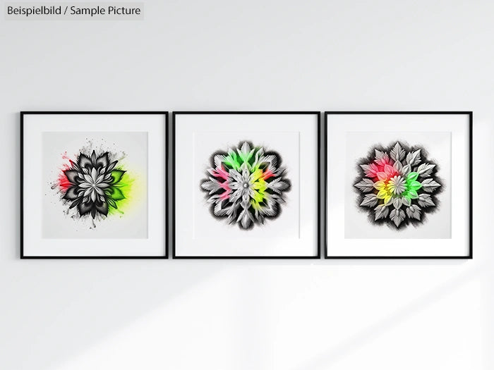 Trio of framed abstract floral prints with vibrant neon accents against a white wall.