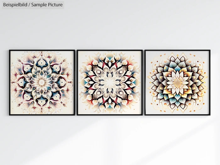 Three framed abstract mandala artworks with intricate designs in shades of cream, blue, and orange on a light wall.