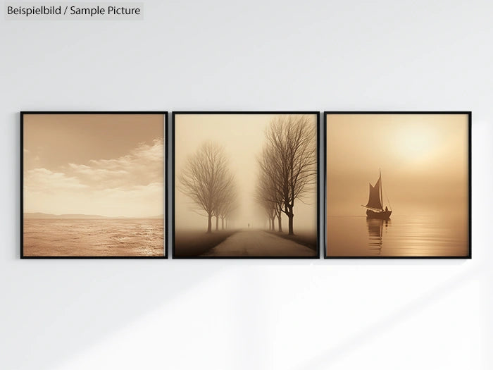 Three sepia-toned framed landscape photographs on a wall, featuring sea, trees, and a sailboat.