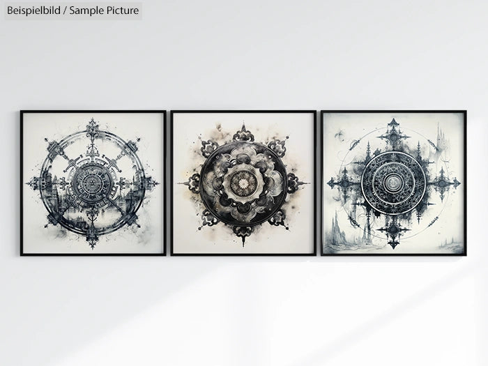 Three framed mandala art prints on a white wall, each featuring intricate circular designs in black and white tones.