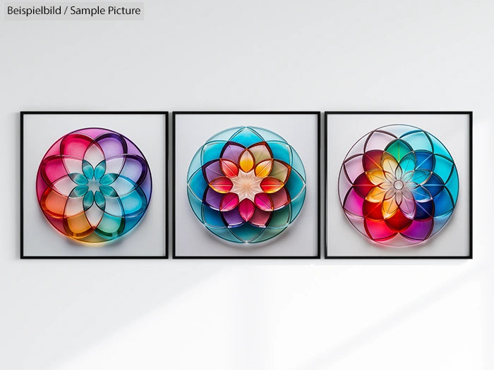 Set of three framed circular geometric artworks in bright colors on a white wall.