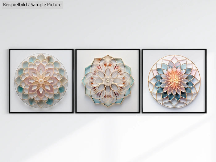 Three framed geometric mandala art pieces with intricate patterns in pastel colors displayed on a white wall.