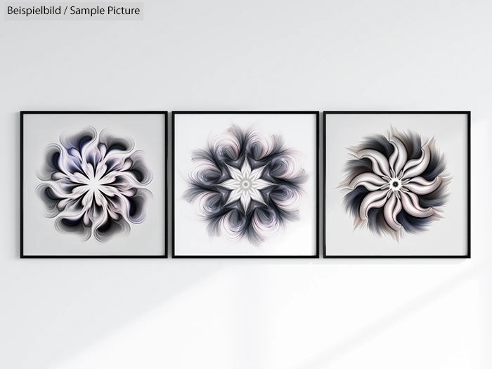 Three framed abstract artworks with swirling, star-like patterns in shades of black, white, and gray on a white wall.