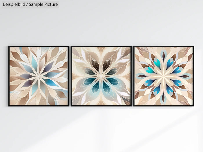 Abstract wall art with three framed geometric designs in beige, blue, and turqouise tones.