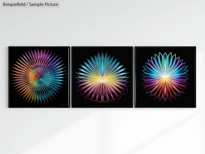 Triptych of abstract art with colorful geometric designs on black backgrounds, showcasing vibrant spirals and rays.