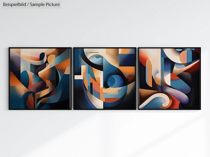 Triptych of abstract art with geometric shapes in blue, orange, and brown hues on a wall.