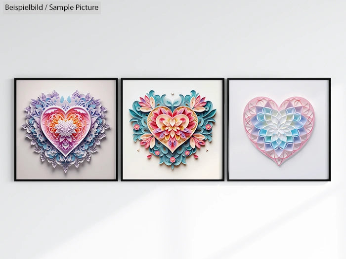 Three heart-shaped paper art designs in frames, featuring layered floral and geometric patterns in pastel colors.