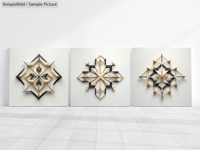 Three geometric wall art pieces with symmetrical 3D patterns in a gallery-style setting.