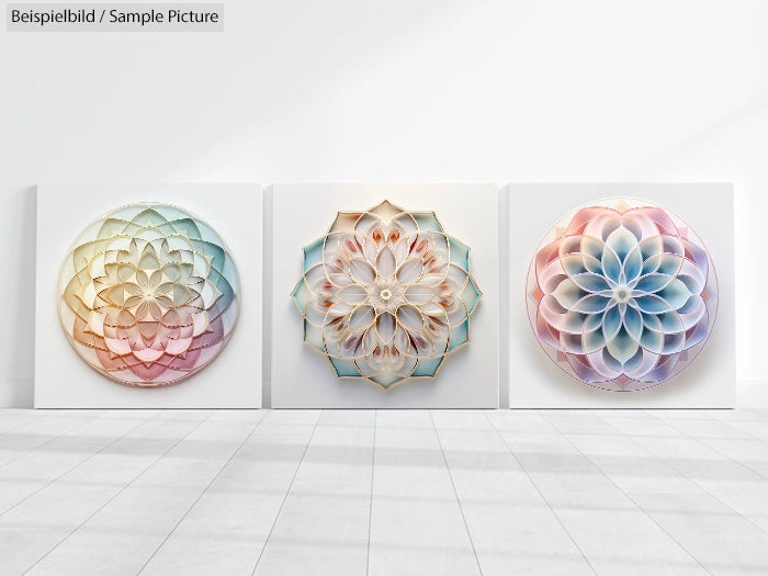 Three geometric art panels with floral mandala designs in pastel colors, displayed in a bright gallery space.