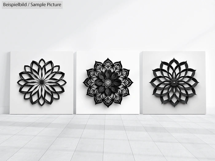 Three black floral geometric designs displayed on square white canvases in a minimalist indoor setting.